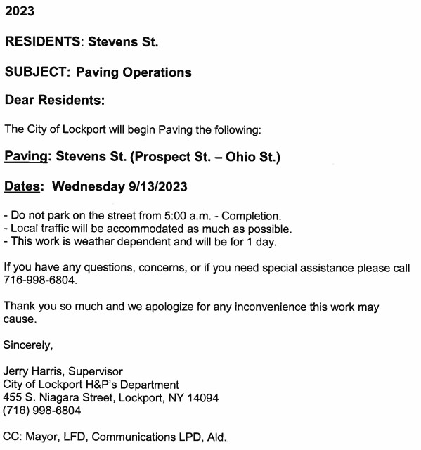 Paving Notice for 9/13/23: Stevens Street