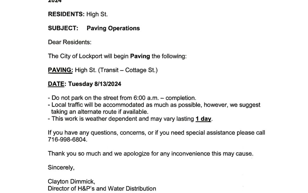 Paving Notice for City of Lockport Paving: High St. (Transit – Cottage St.)