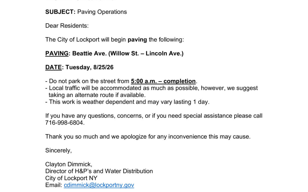 Paving Operations Notice – Beattie Ave. (Willow St. – Lincoln Ave.)
