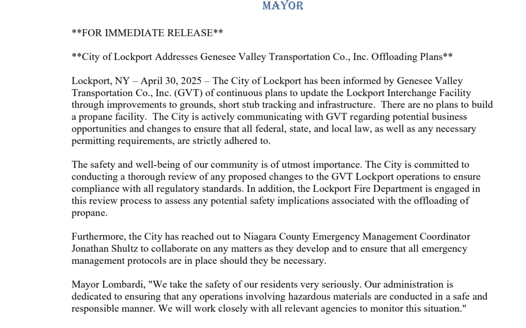 Press Release: City of Lockport Addresses Genesee Valley Transportation Co., Inc. Offloading Plans