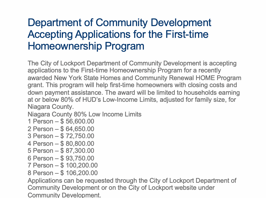 Accepting Applications to the First Time Homeowners Program