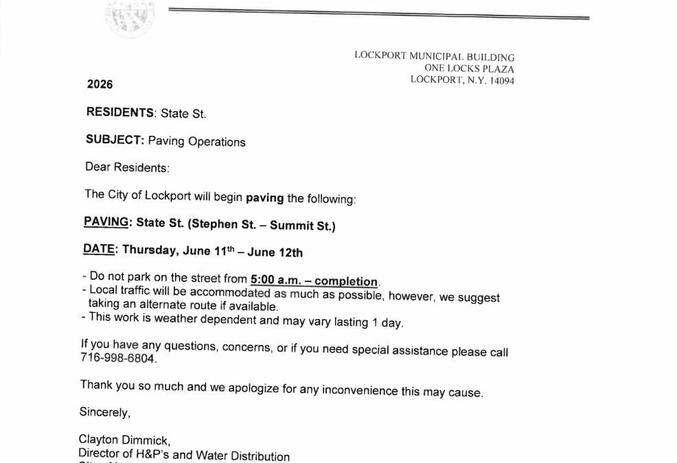Important Notice: State St. (Stephen St. – Summit St.) Paving Operations, Thursday, June 11th – June 12th