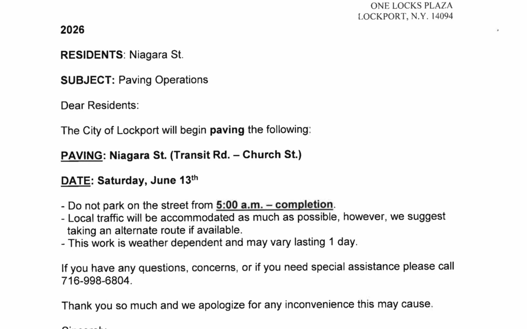 Important Notice: Niagara St. (Transit Rd. – Church St.) Paving Operations, Saturday, June 13th