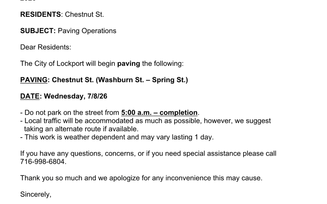 Important Notice: Chestnut St. (Washburn St. – Spring St.) Paving Operations