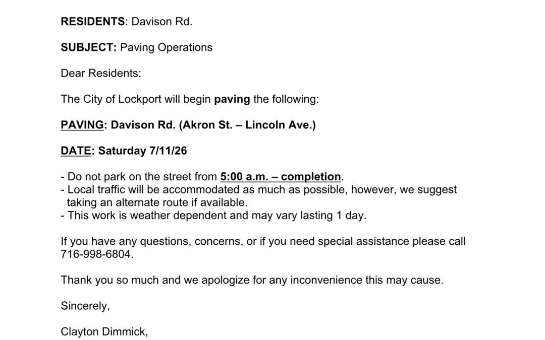 Paving Operations Notice – Davison Rd