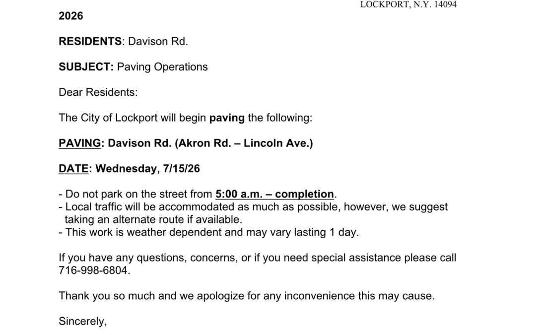 Paving Operations Notice – Davison Rd. (Akron Rd. – Lincoln Ave.)