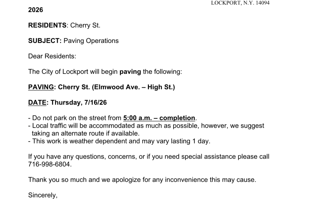 Paving Operations Notice – Cherry St. (Elmwood Ave. – High St.)