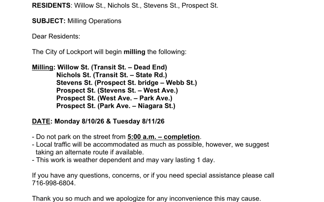 Milling Operations Notice – Willow St, Nichols St, Stevens St, Prospect St