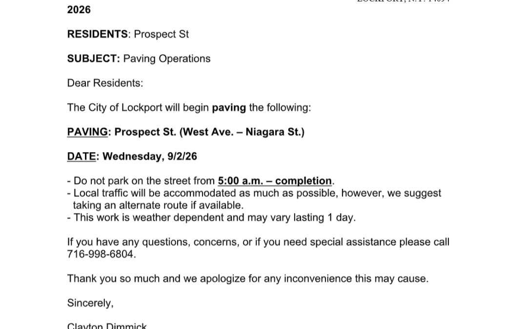 Paving Operations Notice – Prospect St. (West Ave. – Niagara St.)
