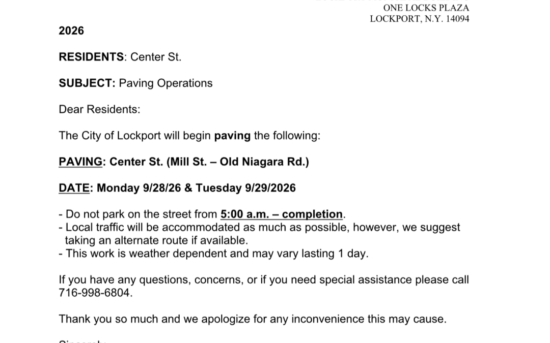 Paving Operations Notice – Center St. (Mill St. – Old Niagara Rd.)