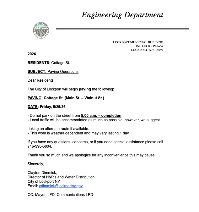 Important Notice: Cottage Street Paving Operations
