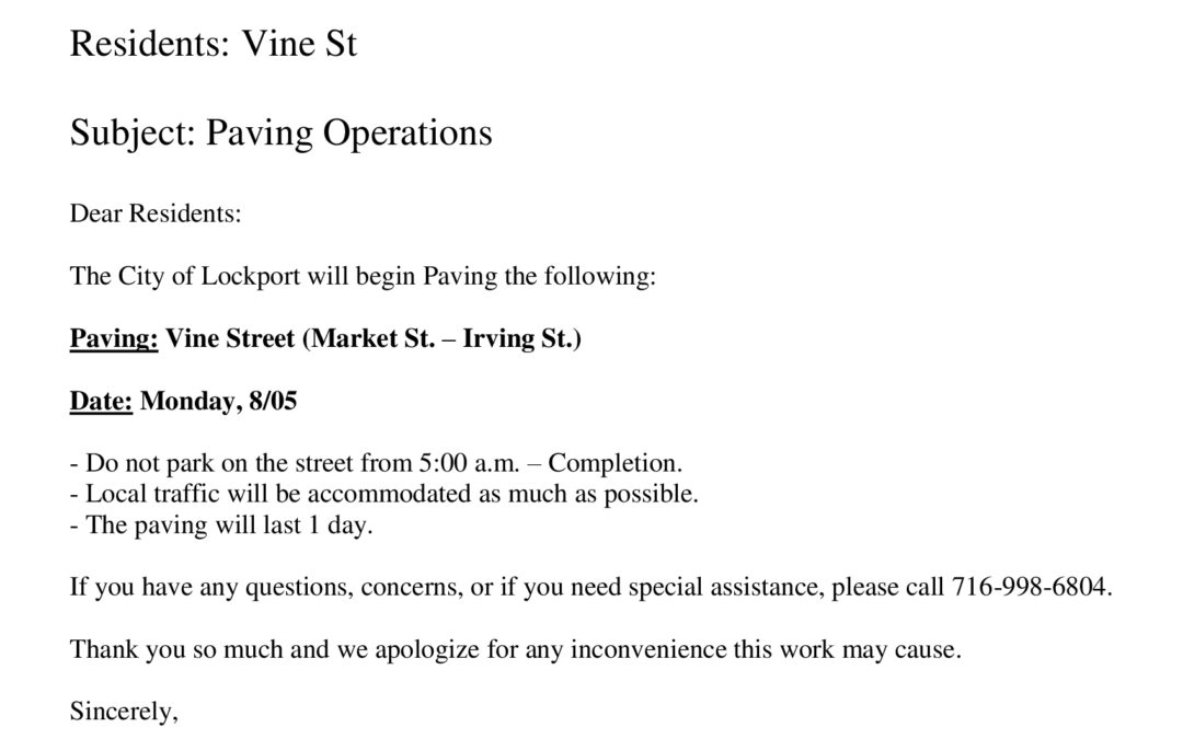 Paving: Vine Street (Market St. – Irving St.) Date: Monday, 8/05