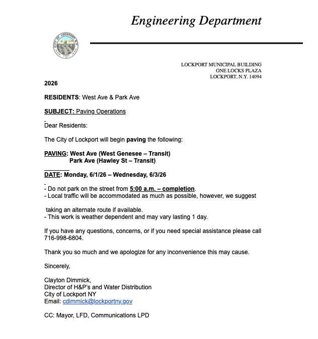 Important Notice: West Ave & Park Ave Paving Operations